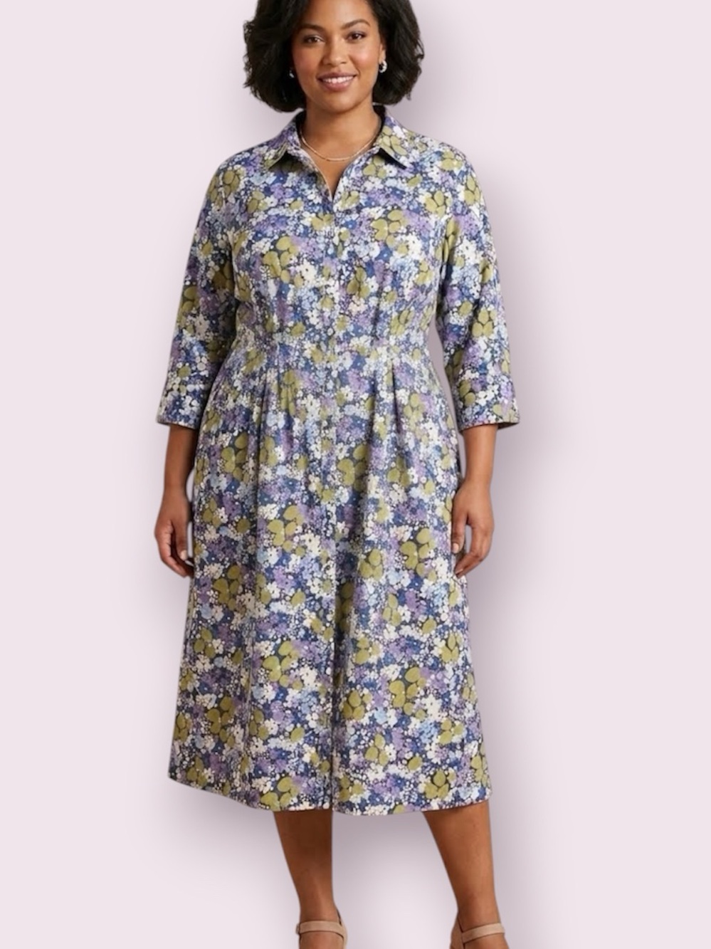 Lands End Button Up Floral 3/4 Sleeve Midi Shirt Dress Size 22W